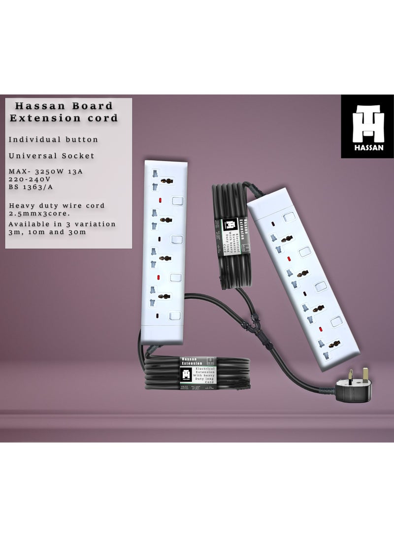 Hassan Heavy Duty Extension Cord 13A 3000W Dual Ended Universal Socket Multi Plug Power Strip 2.5mm Cable - Image 3